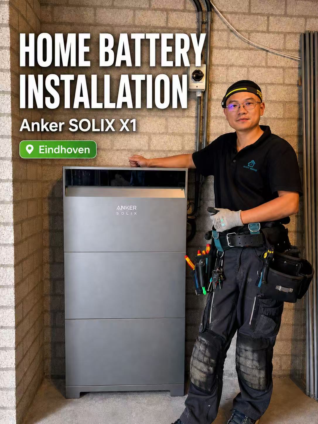 HandyWang installer beside an Anker SOLIX X1 home battery in Eindhoven